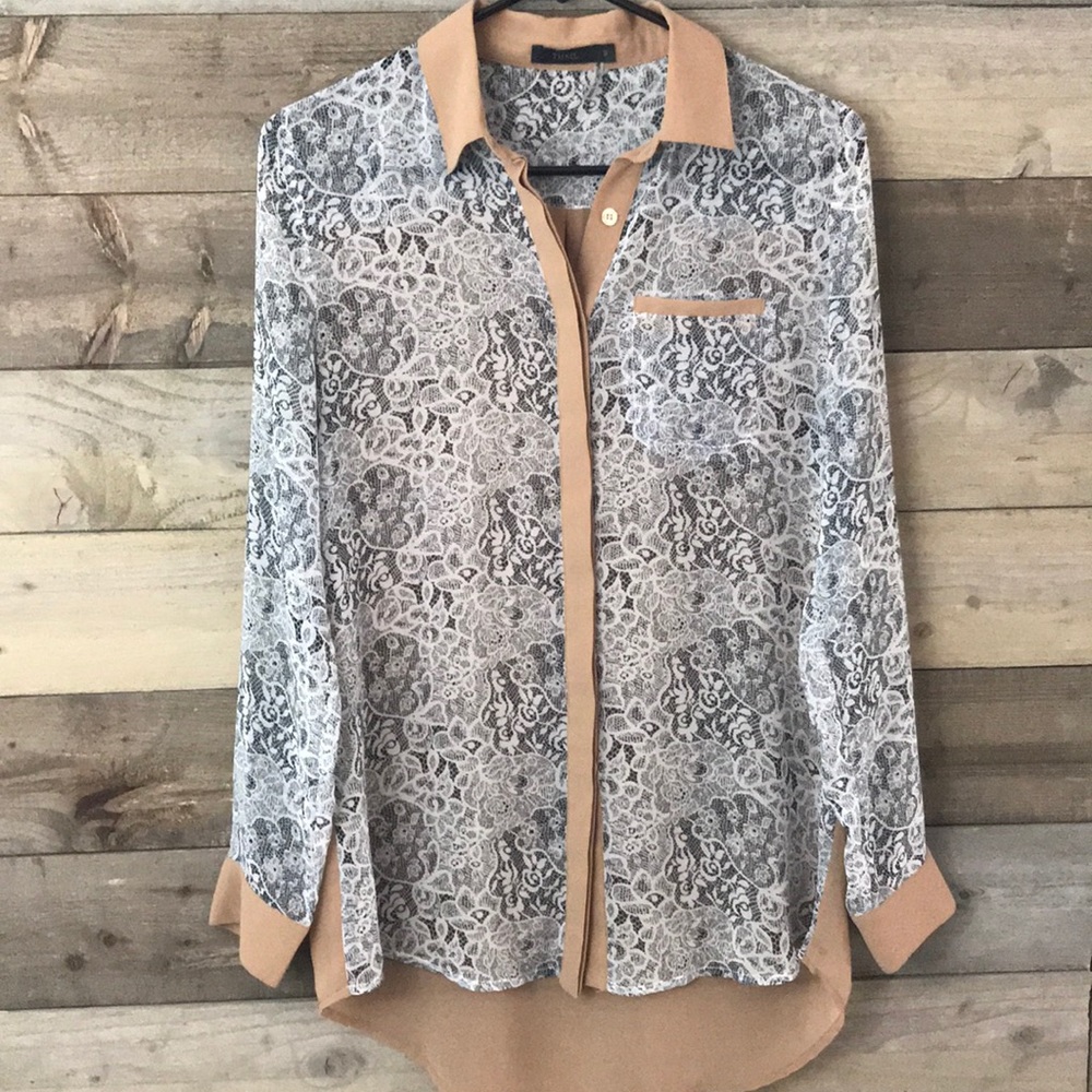 THML White/ Black Button down W/ Tan Lining